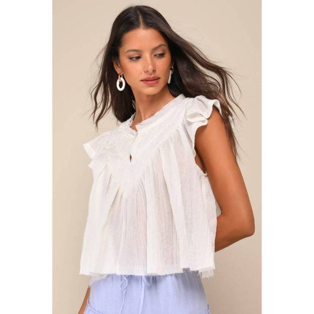 Lulus Compelling Babe Ivory Cotton Raw Hem Ruffled Flutter Sleeve Top White NWT